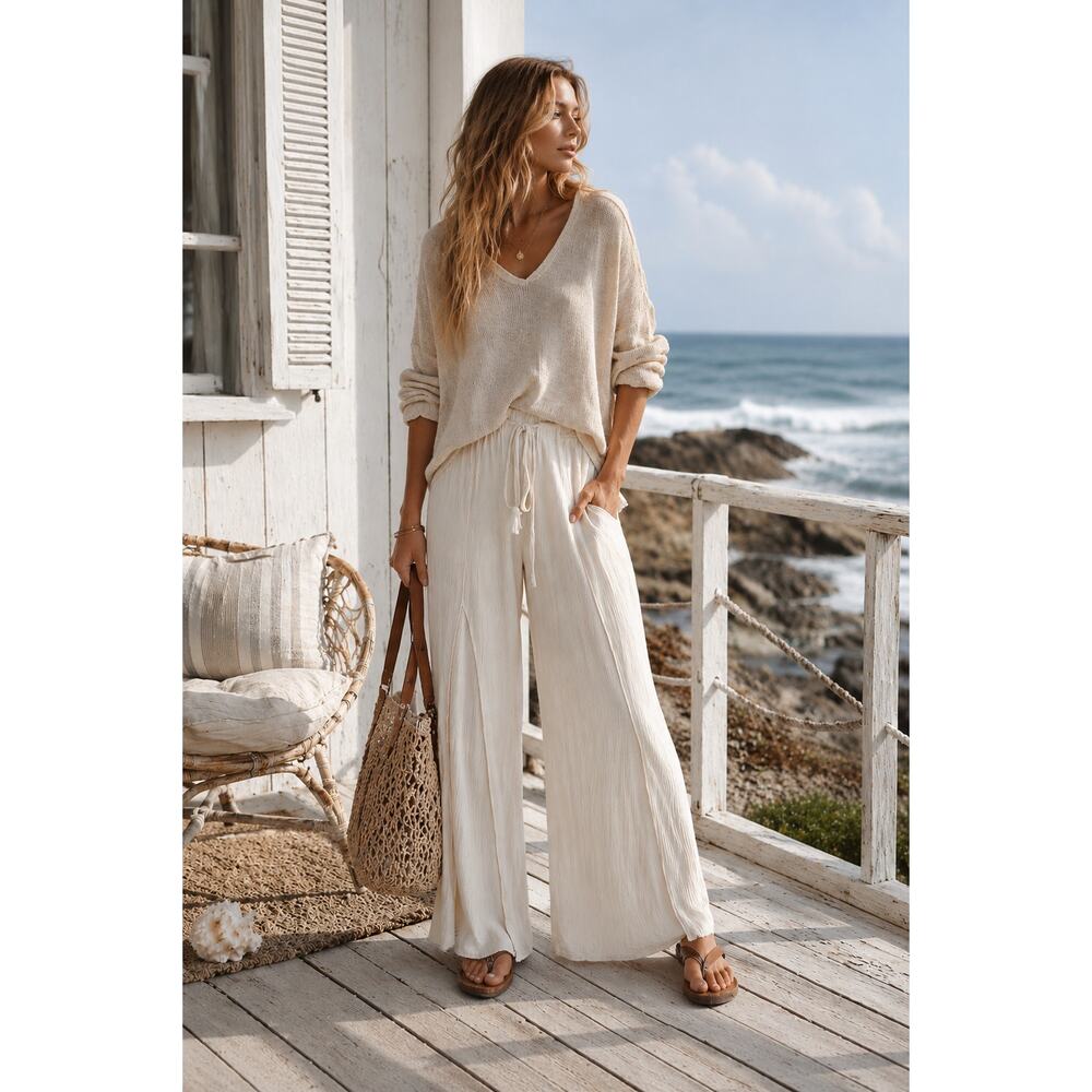 Cream Gauze Wide Leg Beach Cover Up Pants Boho Resortwear M Costal Grandma
